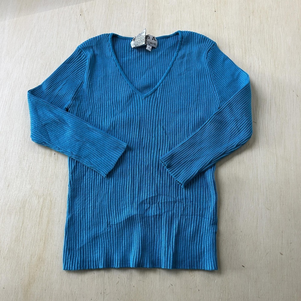 Joseph A. Sweater Womens Petite P Blue V Neck Ribbed Knit Stretch Pullover